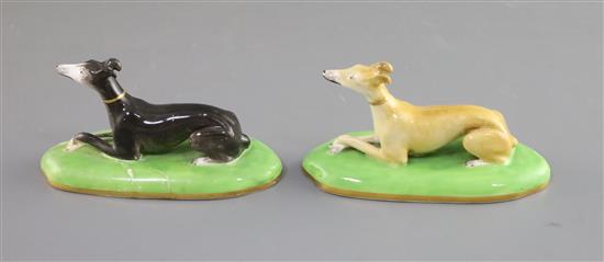 A pair of Copeland & Garrett porcelain figures of greyhounds, c.1833-47, L. 12.3cm, one repired